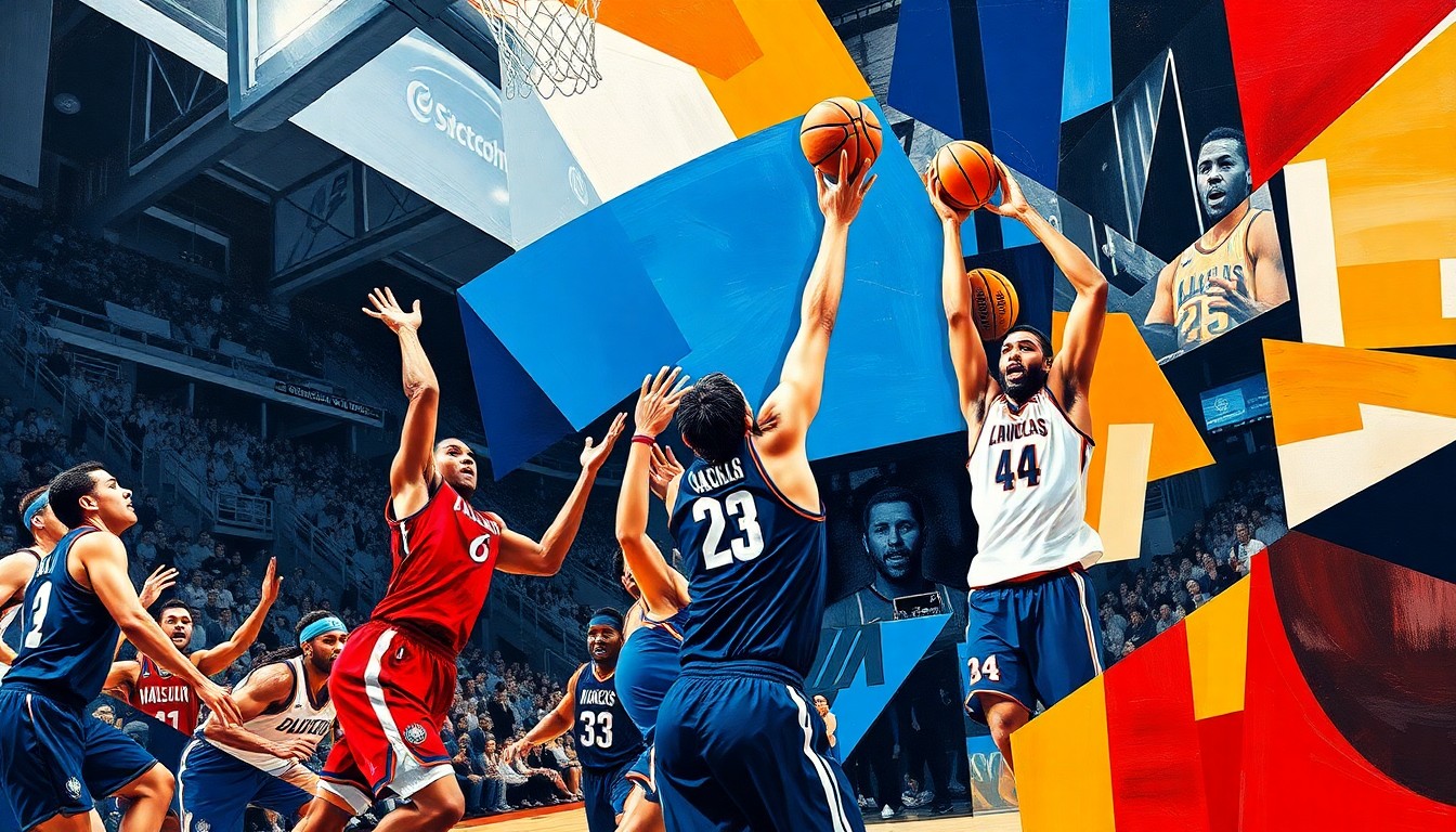 A cubist, geometric painting depicting the dynamic movements and overlapping perspectives of a high-energy basketball game, with vibrant colors representing the official team uniforms.