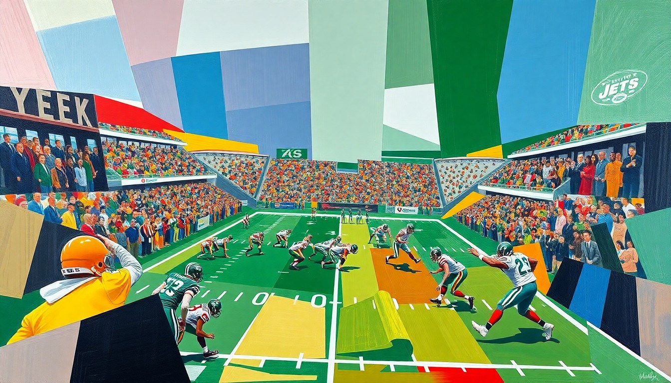 A cubist, geometric painting depicting a football game, with sharp, overlapping planes of color representing the players and action on the field. The vibrant colors and fragmented composition capture the energy and dynamism of the sport.