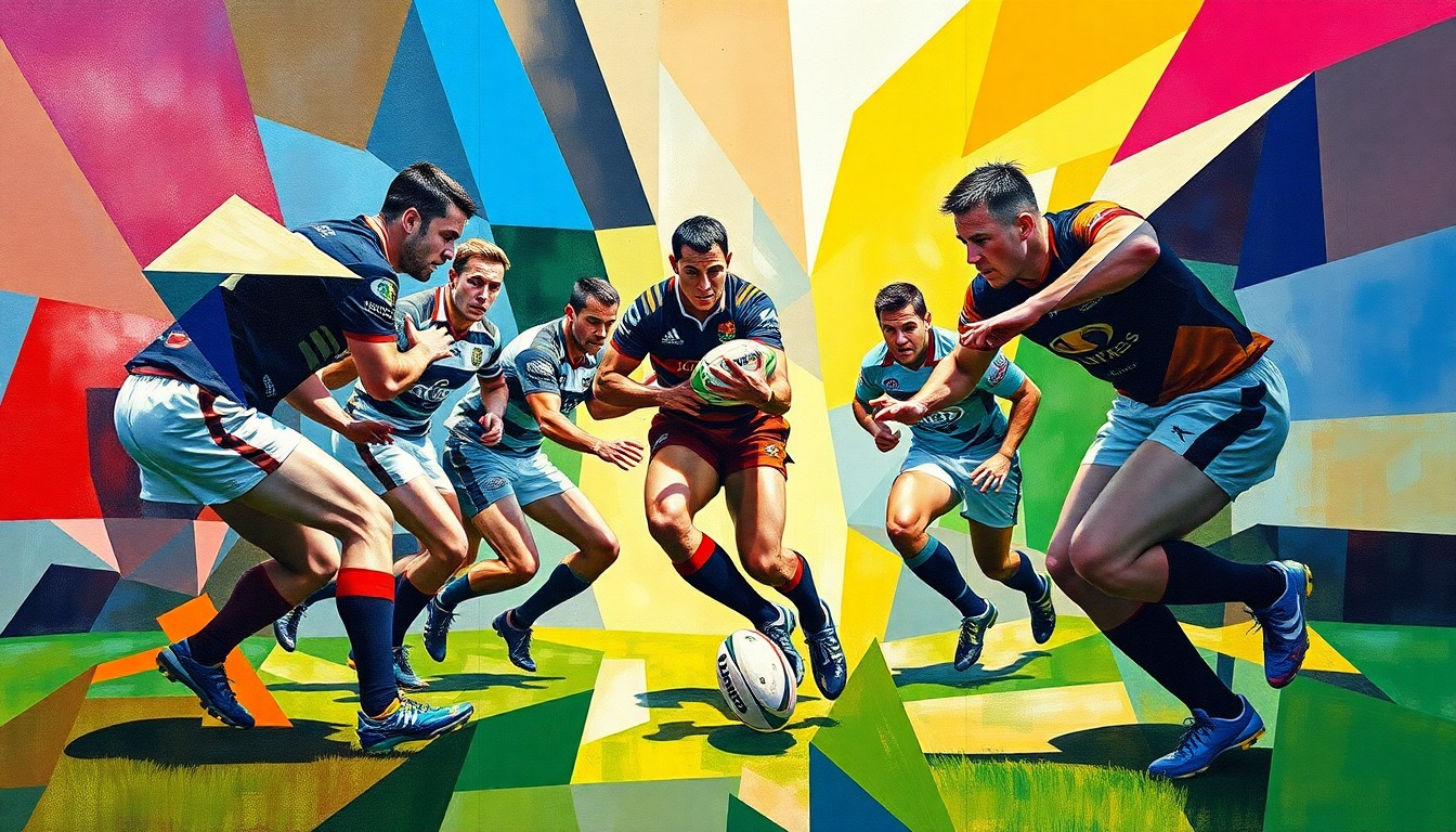 A fragmented, geometric painting depicting an NRL rugby match, with the players and ball broken down into sharp, angular shapes in a vibrant color palette, conveying the strategic risk and uncertainty surrounding injured stars' comebacks.