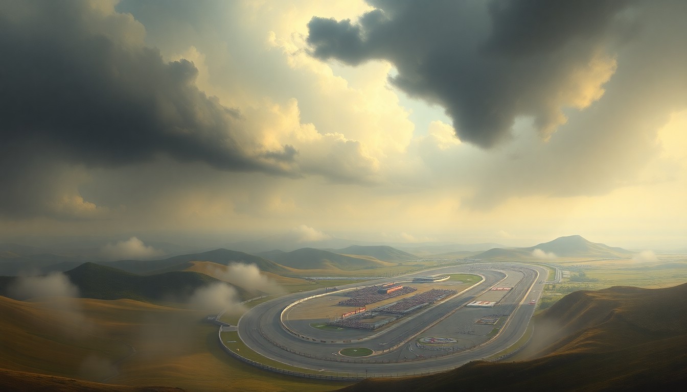 A sweeping, atmospheric landscape painting depicting the Bristol Motor Speedway surrounded by rolling hills and a dramatic, hazy sky, conveying the overwhelming scale and power of the natural environment on race day.