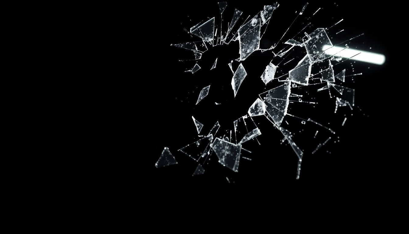 An extreme close-up photograph of shattered glass reflecting a faint red light, conceptually illustrating the aftermath of a mass shooting incident.