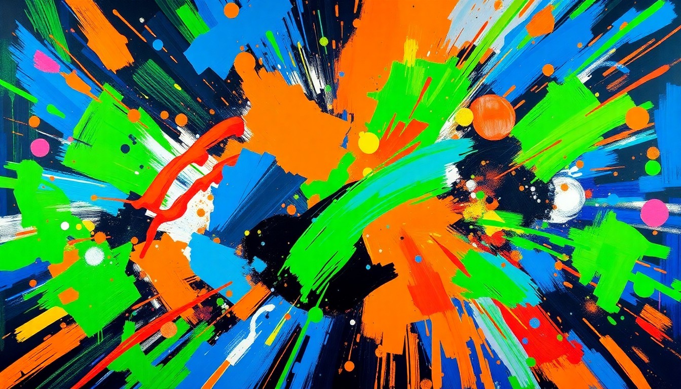 An abstract, expressionist painting featuring dynamic, neon-colored brushstrokes and splatters, capturing the energy and excitement of sports betting and prediction markets.