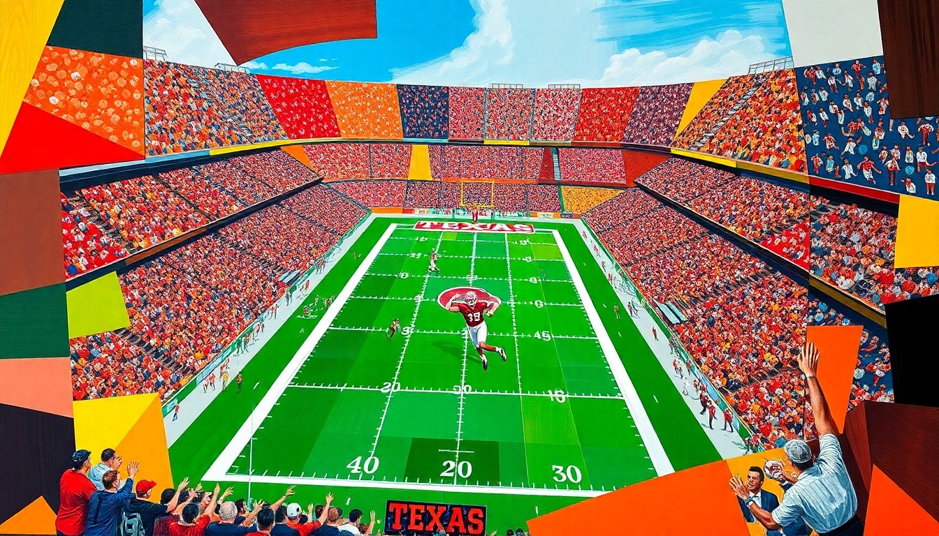 A fractured, multi-perspective painting in bold, vibrant colors representing the official team colors of various Texas college football programs, breaking down the action of a game into sharp, overlapping geometric planes.