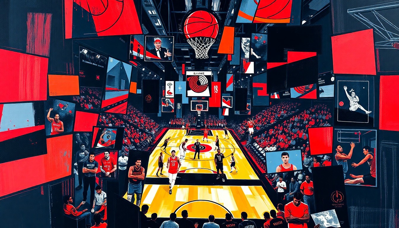 A cubist, geometric painting depicting a Blazers basketball game, with sharp, overlapping planes of red, black, and white colors representing the team's official palette. The fragmented, multi-perspective style captures the dynamic energy of the sport.