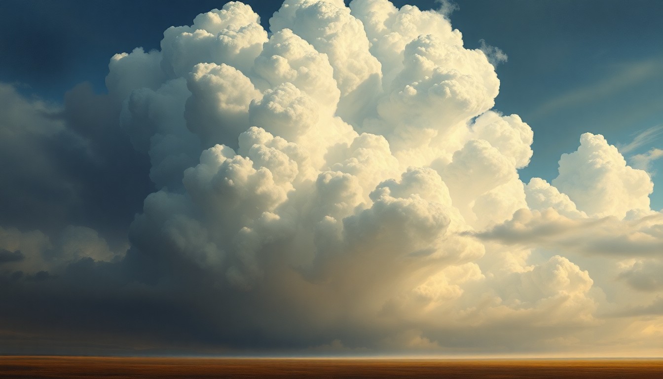 A dramatic, atmospheric landscape painting depicting a massive, towering cumulonimbus cloud formation dominating the sky over a flat, featureless horizon, conveying the overwhelming scale and power of an approaching severe thunderstorm.