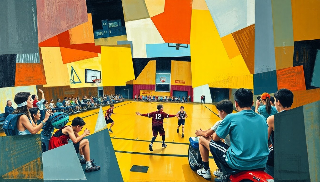 A cubist-style painting depicting fragmented, overlapping geometric shapes and planes in a variety of colors, representing the diverse athletic programs and community ties of a high school sports legend.