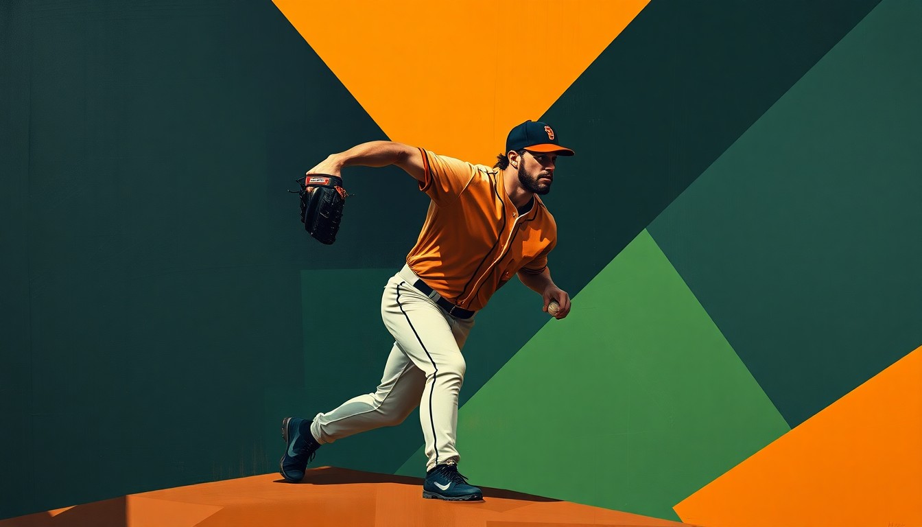 A cubist, geometric painting depicting a baseball pitcher's windup and delivery broken down into sharp, overlapping planes of navy, forest green, and burnt orange, conveying the concept of roster changes and pitching adjustments.