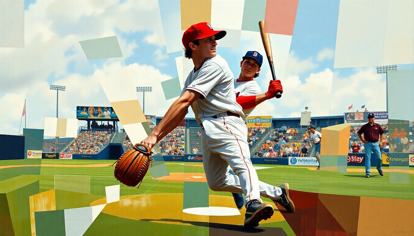 A cubist-style painting depicting a baseball player's movements broken down into sharp, overlapping geometric shapes and planes, conveying the dynamic and fragile nature of the sport.