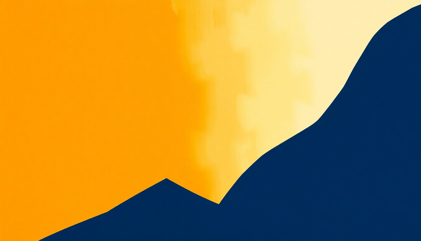 An abstract composition of bold, geometric shapes in deep blue, warm ochre, and bright white, conceptually representing the poetic nature of the artist's landscape paintings.
