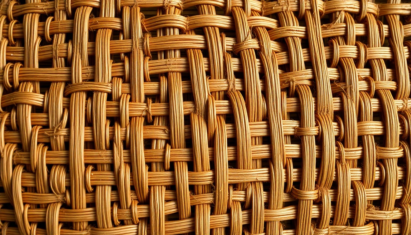 An extreme, abstract close-up photograph of a richly textured rattan surface in warm, earthy tones, conveying the natural beauty and craftsmanship of Pamela Anderson's new furniture collection.