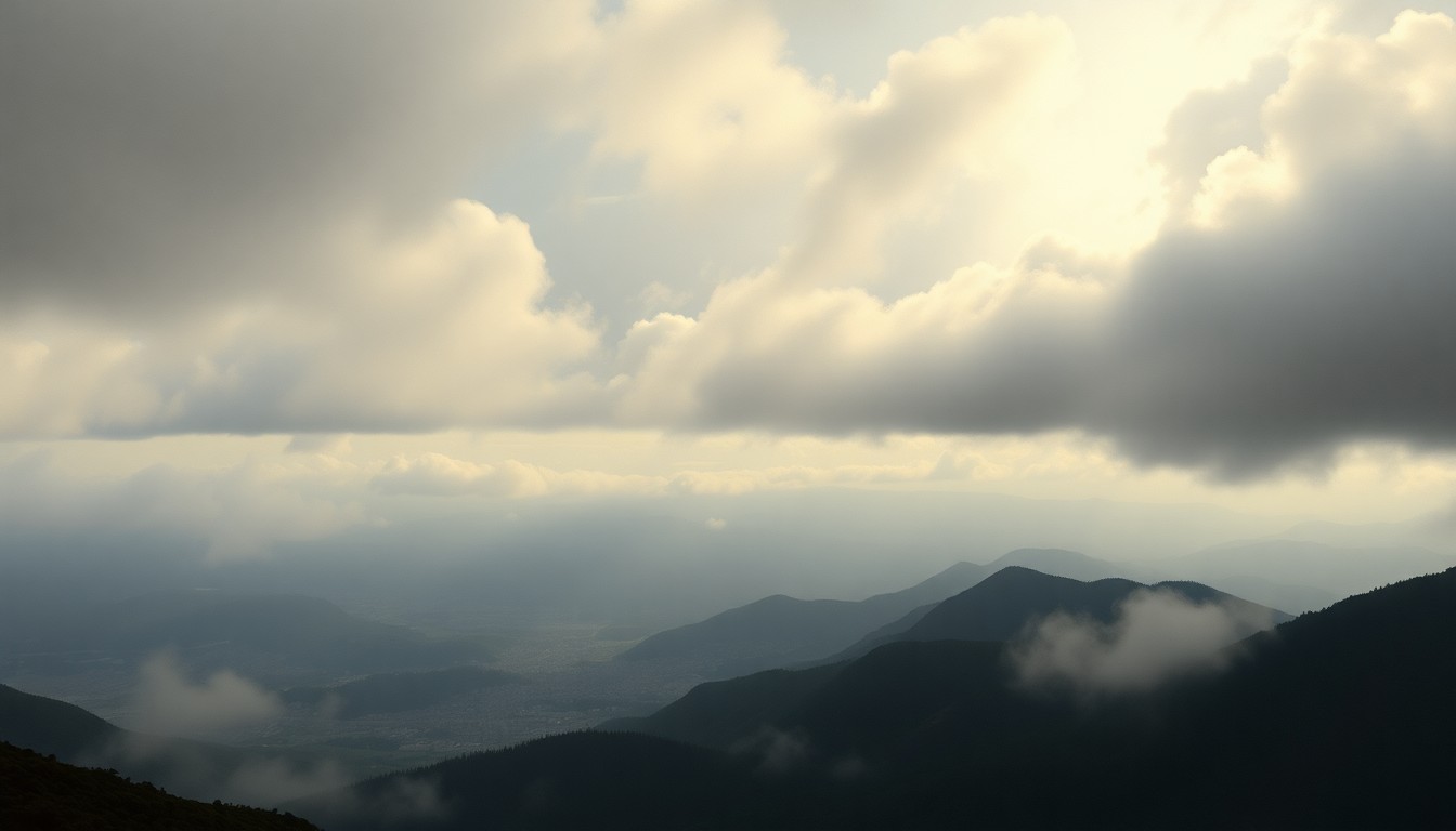 A sweeping, atmospheric landscape painting in muted tones of gray, blue, and white, depicting the San Francisco Bay Area obscured by heavy fog and ominous clouds, conveying the sense of the natural environment's sublime scale and power.