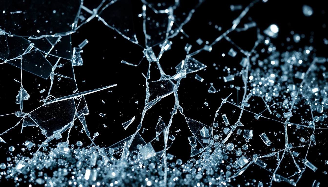 An extreme close-up photograph of shattered glass and glittering sequins, conceptually representing the fragmented public image and tarnished glamour of a fallen pop star.