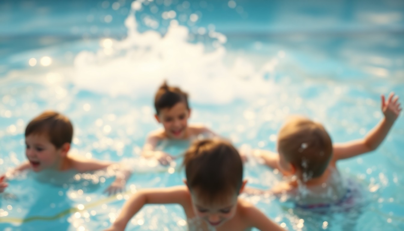 An abstract, out-of-focus photograph depicting the joyful energy of children swimming and playing in a pool, with soft, warm lighting creating a sense of community and leisure.