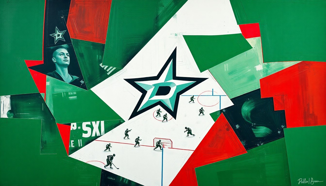 A cubist, geometric painting depicting a Dallas Stars hockey game, with the players and action broken down into sharp, overlapping planes of green, white, and red.