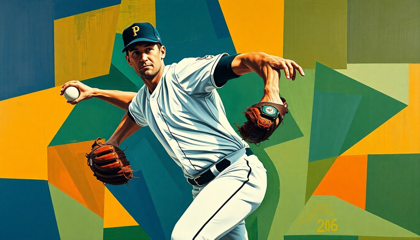 A fractured, cubist-style painting depicting a baseball pitcher's throwing motion broken down into sharp, overlapping geometric shapes in a color palette of navy, green, and orange, conveying the idea of roster churn and instability in the Mets' bullpen.