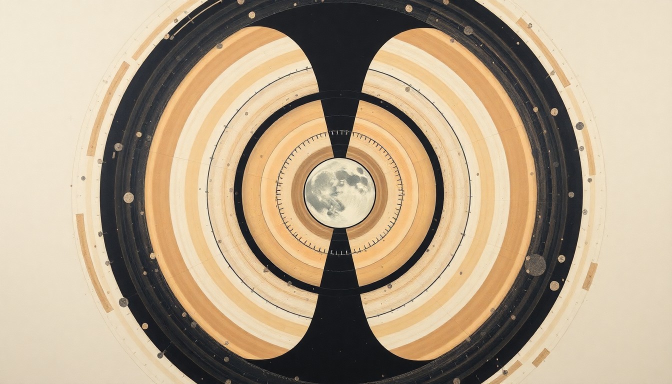 A highly structured abstract painting in soft earth tones, featuring sweeping geometric arcs, concentric planetary circles, and precise botanical spirals, conceptually representing the technical complexity and cosmic scale of the Artemis II mission to the Moon.