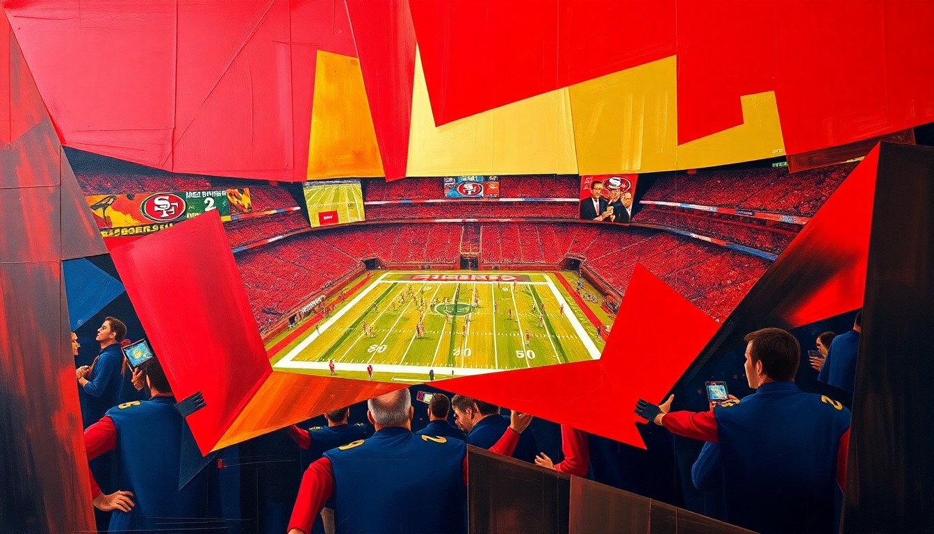 A cubist, geometric painting depicting a fragmented, multi-angled view of a football game, with sharp planes of red, gold, and navy blue representing the intensity and strategic complexity of the sport.