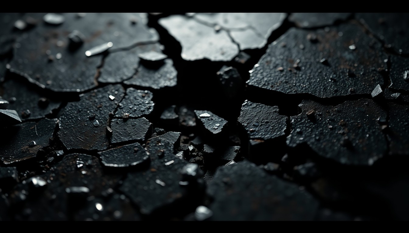 An abstract close-up photograph featuring a textured, high-contrast surface with shattered glass and rusted metal, conveying the gritty, noir-inspired atmosphere of the upcoming Batman film.