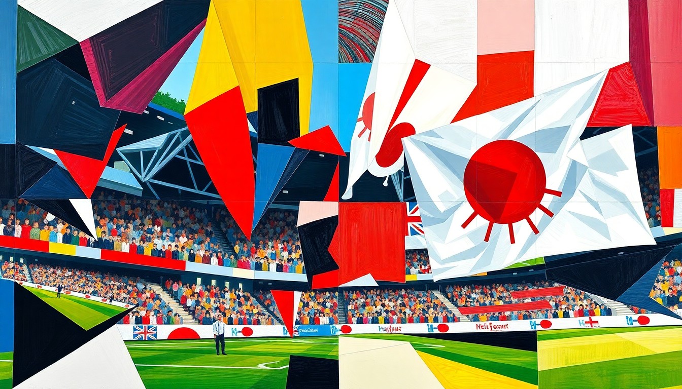 A fractured, multi-perspective painting depicting the England vs Japan football match, with sharp, overlapping geometric planes in the official team colors of the two nations, capturing the raw energy and intensity of the high-stakes encounter.