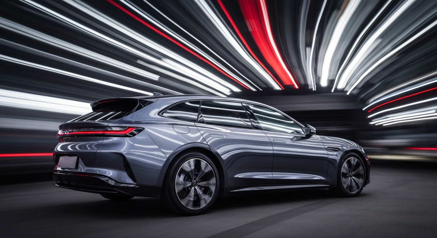 A blurred, abstract image of a Chinese electric vehicle in motion, conveying a sense of speed, modern engineering, and the potential for disruption in the automotive industry.