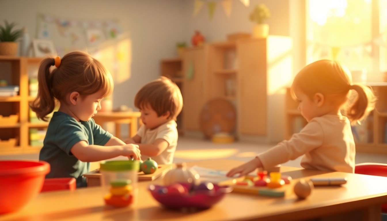 An extremely abstracted, out-of-focus photograph of young children engaged in various learning activities in a preschool classroom, with soft, warm pools of light and color creating a dreamlike, atmospheric quality that captures the essence of early childhood education.