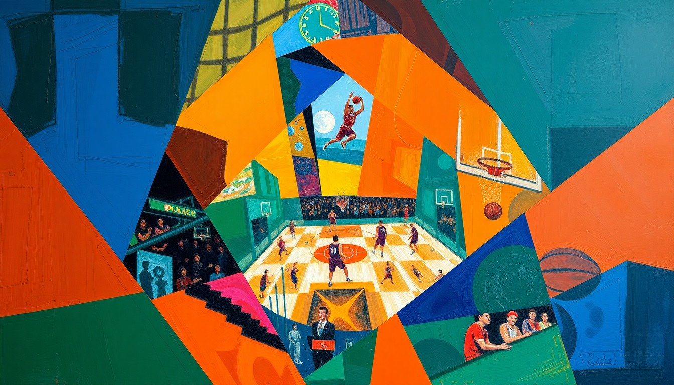 A cubist, geometric painting depicting a basketball game in motion, with overlapping shapes and planes of color representing the dynamic action on the court.