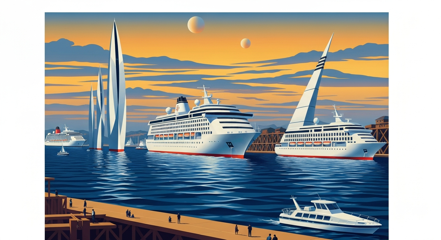 A highly stylized, geometric illustration depicting the grand scale and sleek design of modern cruise ships, conveying a sense of the industry's focus on maintaining exceptional standards of cleanliness and safety.
