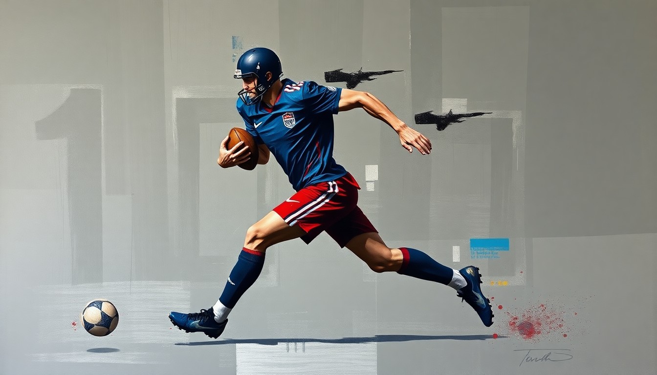 A fragmented, cubist-style painting depicting a football player in mid-motion, their form broken down into sharp, overlapping geometric shapes in a muted color palette, conveying the sense of instability and unpredictability in the NFL.