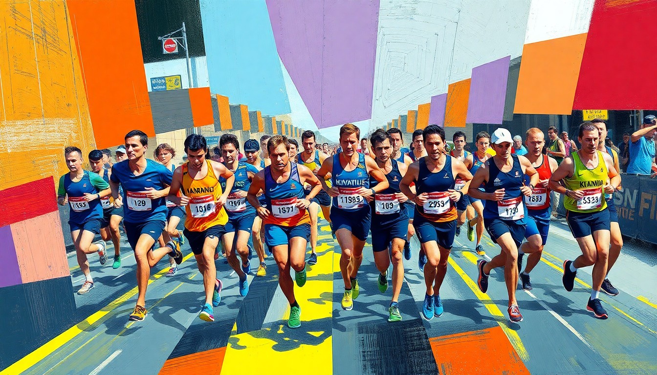 A fragmented, geometric painting depicting runners in motion, their bodies and surroundings broken down into sharp, overlapping planes of color, capturing the raw energy and competitive spirit of the Knoxville Marathon.