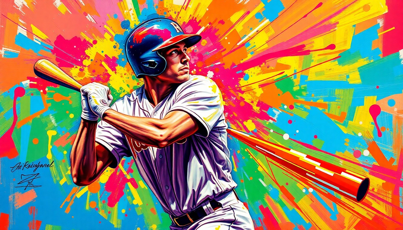 An abstract, expressionist painting in vibrant neon colors depicting the powerful swing and athletic energy of a baseball player, with the player's face and uniform details blurred and dissolved into the energetic brushstrokes.