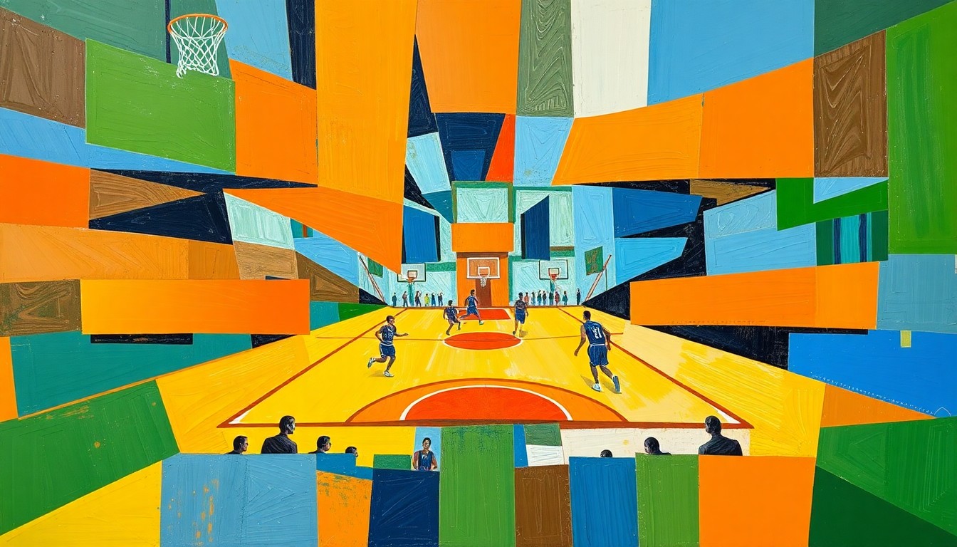 A cubist, geometric painting depicting overlapping planes of orange, blue, and green shapes that abstractly represent the movement and energy of a basketball game or match.