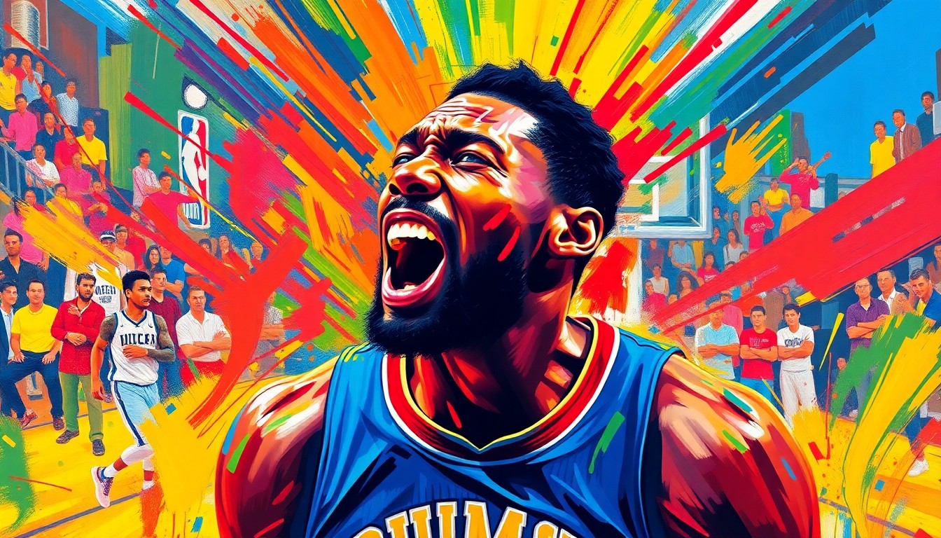 An expressionist painting using vibrant neon colors and rapid brushstrokes to capture the raw energy and frustration of a basketball player, conceptually representing Giannis Antetokounmpo's current state of mind with the Milwaukee Bucks.