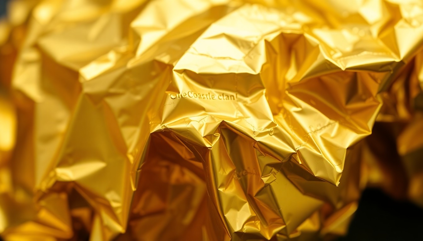 An extreme close-up photograph of a crumpled, shimmering gold foil wrapper, capturing the high-end yet excessive nature of Coachella's food offerings.