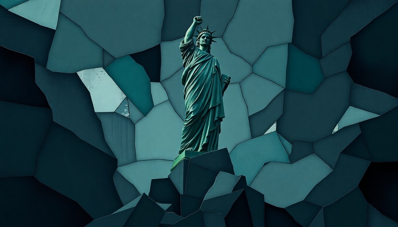 A dynamic, abstract painting featuring overlapping, geometric shapes and waves of dark, muted colors like navy, forest green, and charcoal grey, conceptually representing the turbulence and uncertainty surrounding the U.S. military operation against the Venezuelan government.