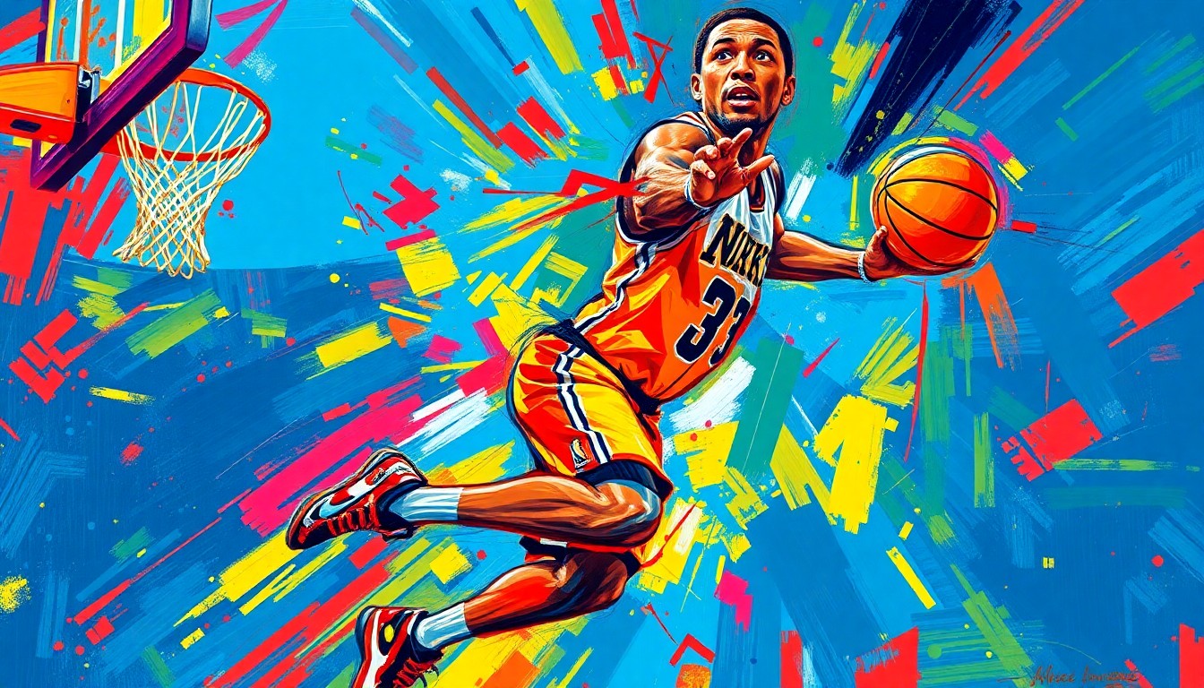 An abstract, expressionist painting in vibrant neon colors, capturing the dynamic movements and raw energy of a basketball player driving to the hoop, with the player's face and details dissolved into unrecognizable splatters of paint.