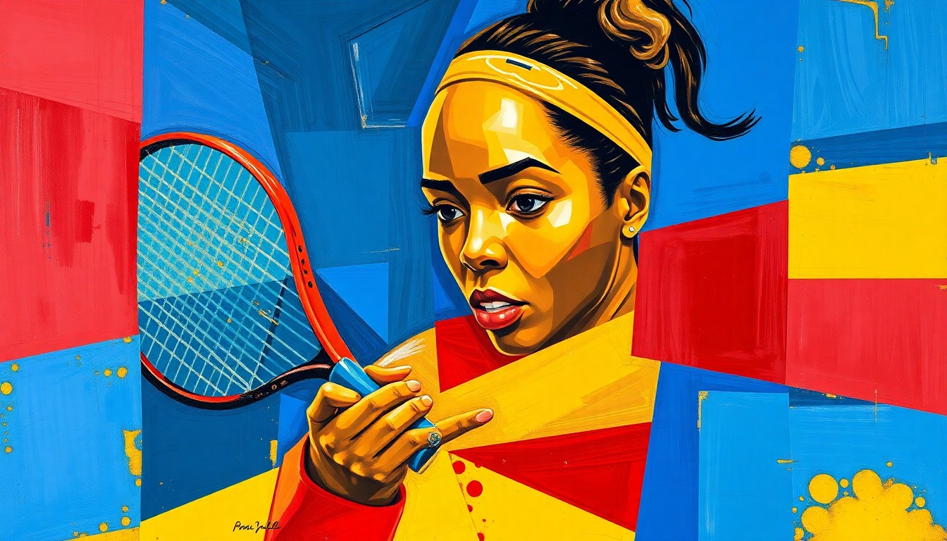 A cubist-style painting depicting a tennis match or competition, with sharp, overlapping geometric shapes in vibrant colors representing the dynamic movements and energy of the sport.