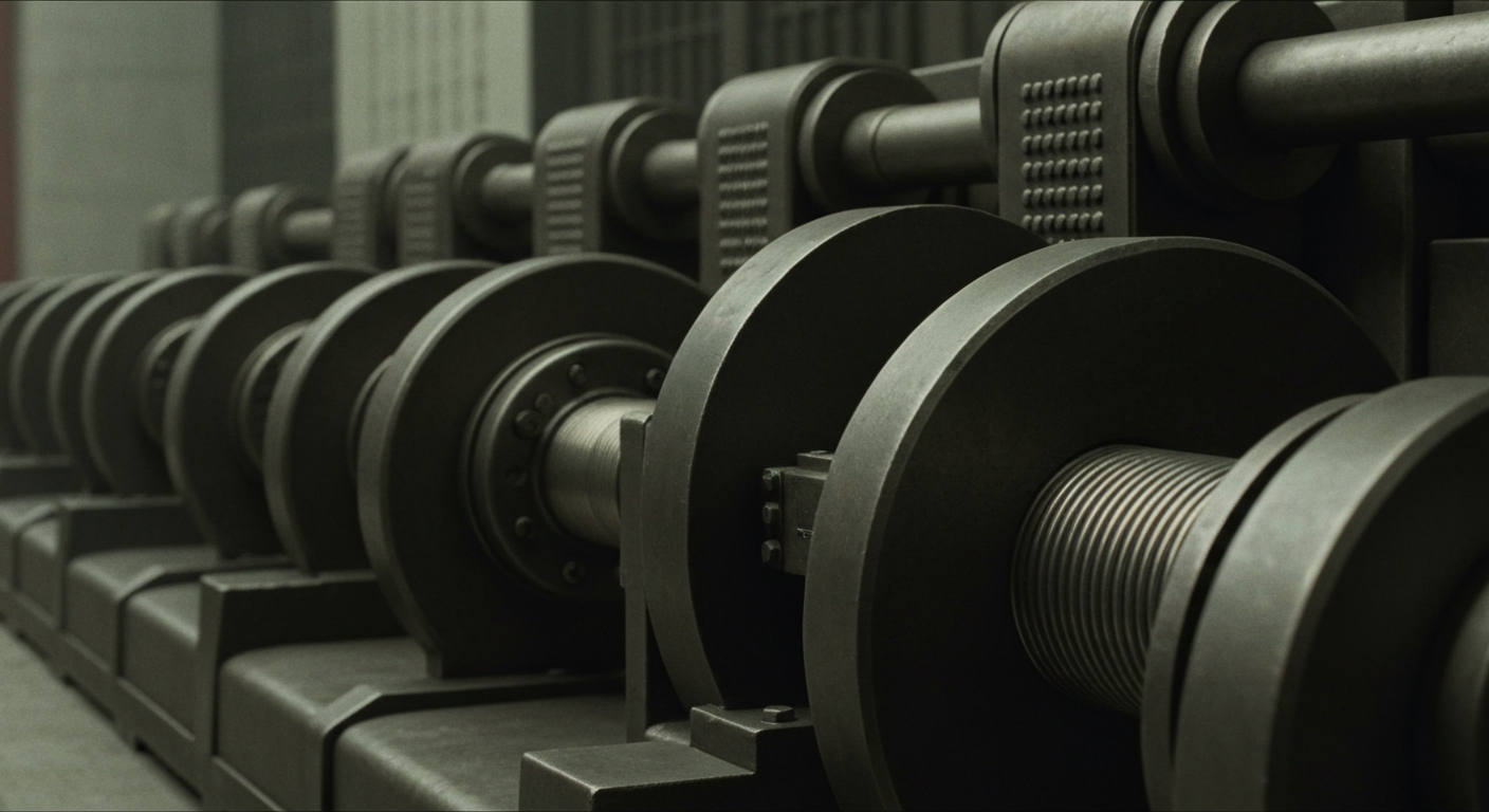 An extreme close-up of heavy, industrial banking equipment and machinery in muted tones, conceptually representing the financial security and infrastructure behind Tesla's surging book value per share.