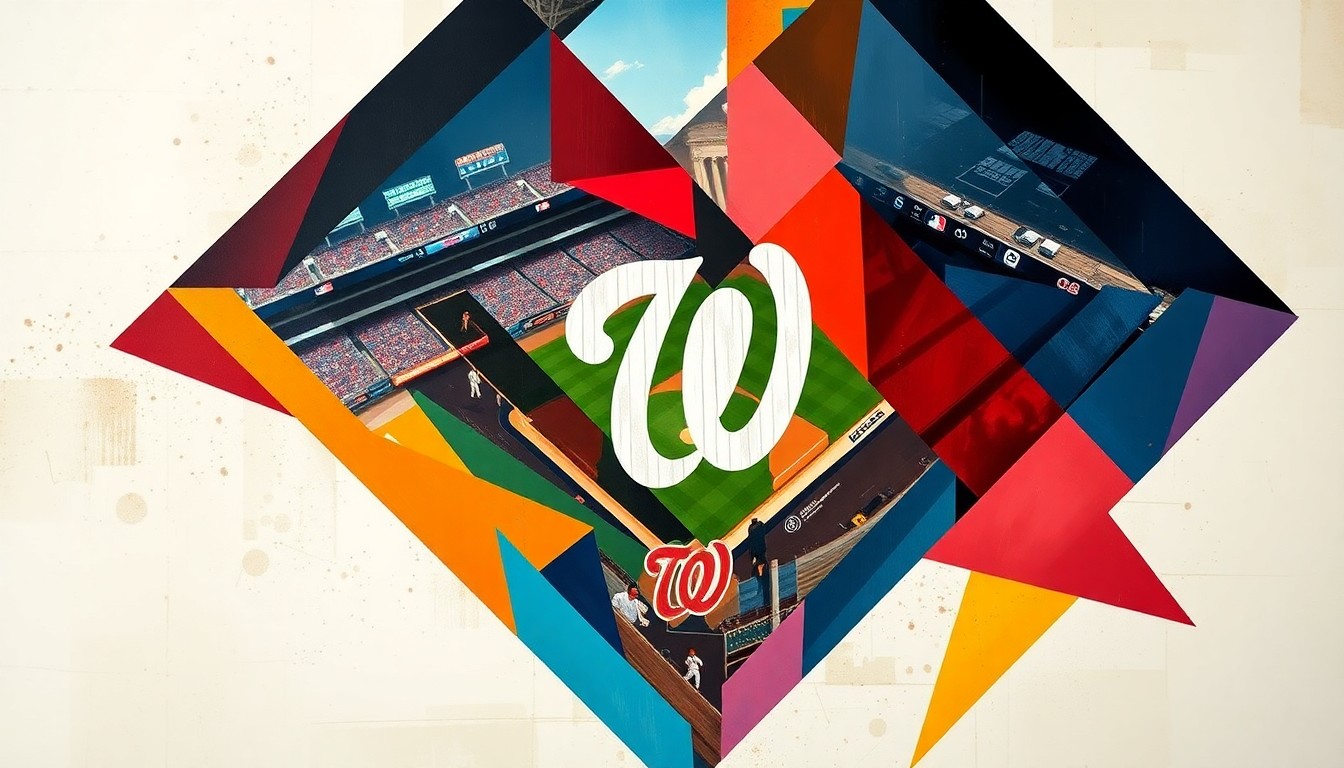A cubist, geometric painting depicting a fragmented, multi-angled view of a baseball training session, with abstract shapes and forms representing the various technologies and data analytics being used by the Nationals.