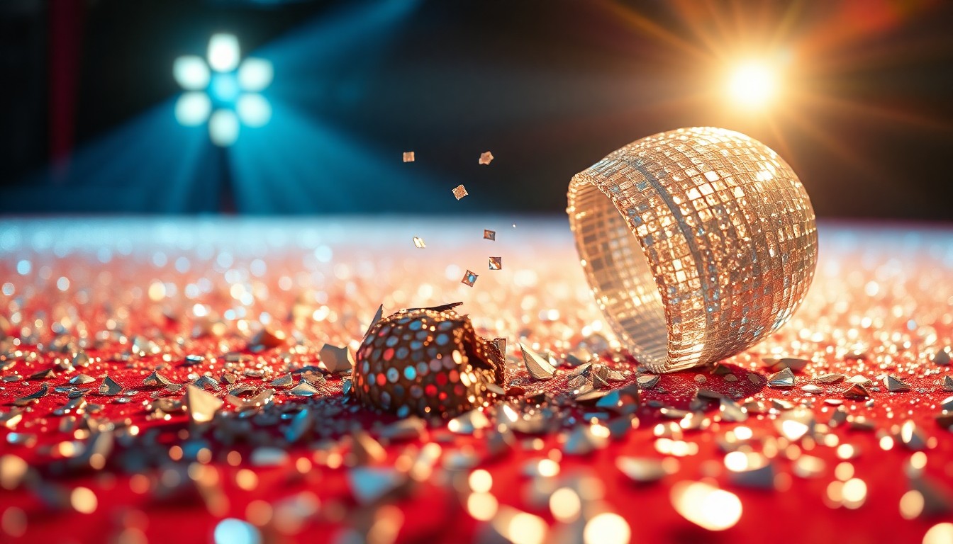 An abstract close-up photograph of shimmering sequins and shattered glass in high-contrast studio lighting, conveying the luxurious and celebratory mood of a romantic comedy film.