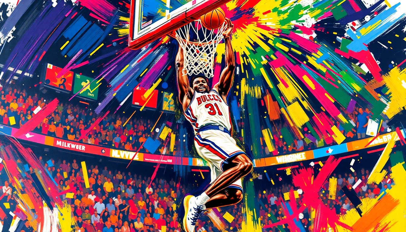 An abstract, energetic painting in neon colors depicting the powerful motion of a basketball player mid-dunk, conceptually representing Marques Johnson's iconic 70th birthday celebration.