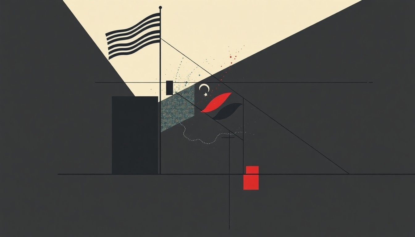 An abstract illustration featuring bold geometric shapes in shades of gray, blue, and red, conceptually representing the complex economic and geopolitical forces at play in the aftermath of the Iran war.