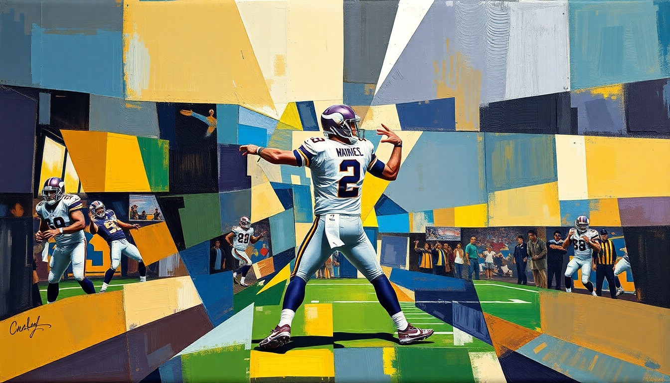 A fragmented, cubist-style painting depicting a Vikings quarterback in the midst of a passing play, with the figure and field broken down into sharp, overlapping geometric shapes and planes, conveying the uncertainty and complexity surrounding the team's quarterback situation.