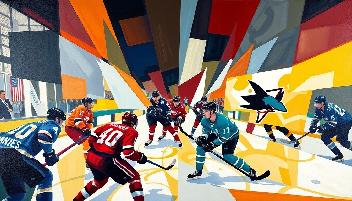 A fractured, geometric painting depicting the action of a hockey game, with sharp, overlapping planes of color representing the players and the intensity of the competition.