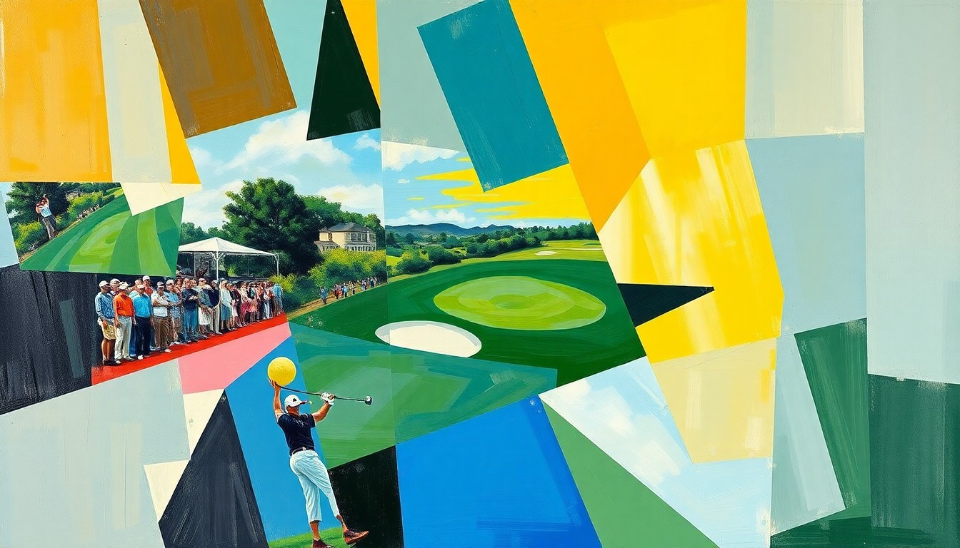 A cubist-style painting featuring overlapping geometric shapes and planes in shades of green, blue, and brown, conceptually representing the multifaceted nature of success and fulfillment in the world of professional golf.