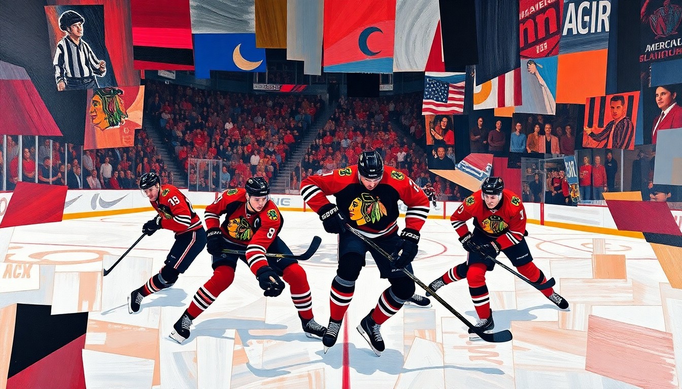 A fractured, geometric painting in vibrant Blackhawks colors, breaking down a hockey game into sharp, overlapping planes, conveying the sport's intensity and camaraderie.