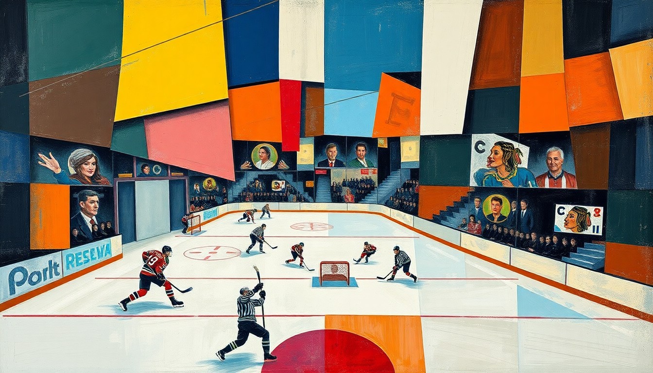 A fragmented, geometric painting depicting the chaotic energy and multiple perspectives of a professional hockey game, with players and the puck represented as overlapping angular shapes in a vibrant color palette.