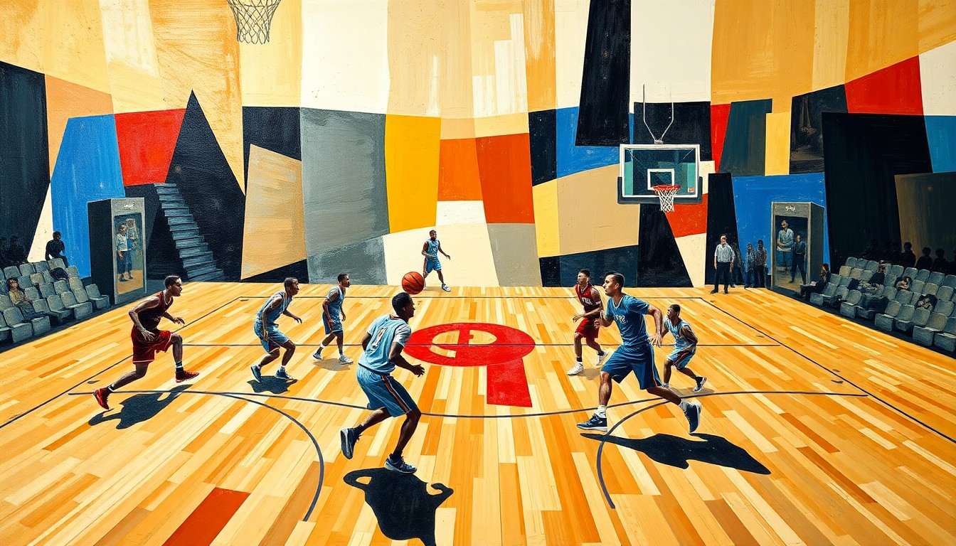 A cubist, geometric painting depicting the dynamic movements and energy of a basketball game, with players and court lines fractured into sharp, overlapping planes of color and shape.