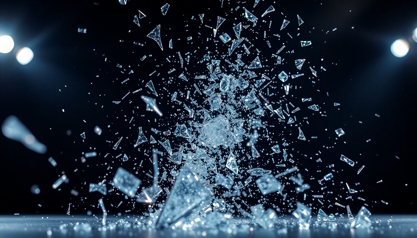 An extreme close-up photograph of shattered glass and glittering shards in dramatic, high-contrast studio lighting, conceptually representing the energy and spectacle of competitive fighting games.