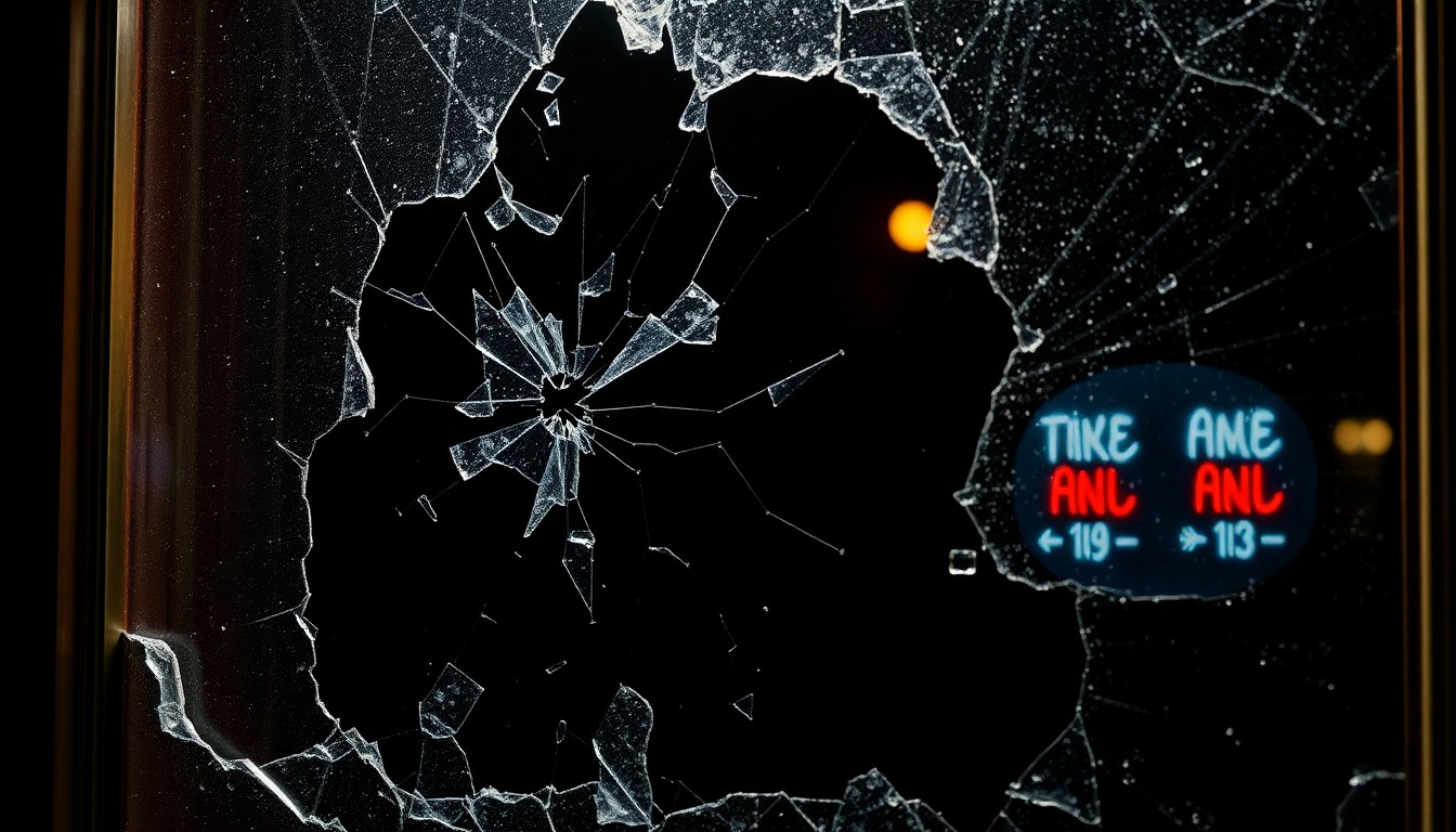 An extreme close-up photograph of shattered glass or damaged property from a restaurant, lit by a harsh camera flash against a dark background, conceptually representing the aftermath of a violent crime incident.