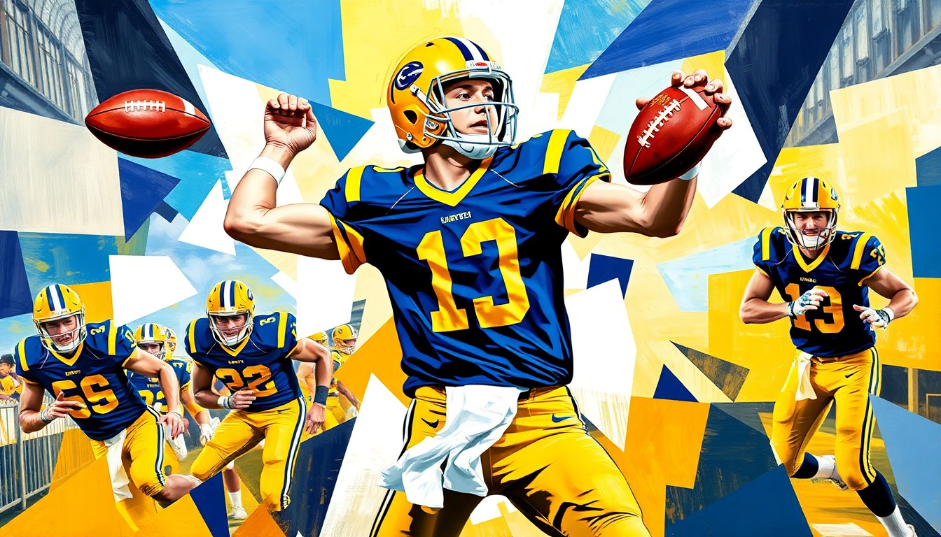 A fractured, geometric painting depicting a high school quarterback's throwing motion, with sharp planes of navy blue, gold, and white representing the player's uniform colors and the dynamic movement of the sport.